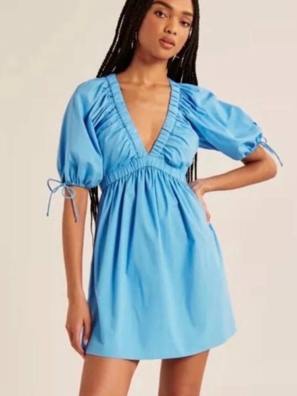 ABERCROMBIE Plunge Front Puff Sleeve Mini Dress Blue Large Tall